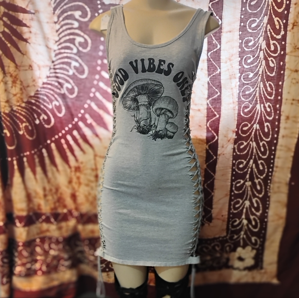 Gray Sleeveless, Slit Weaved Mini Dress with Mushroom Print 🍄